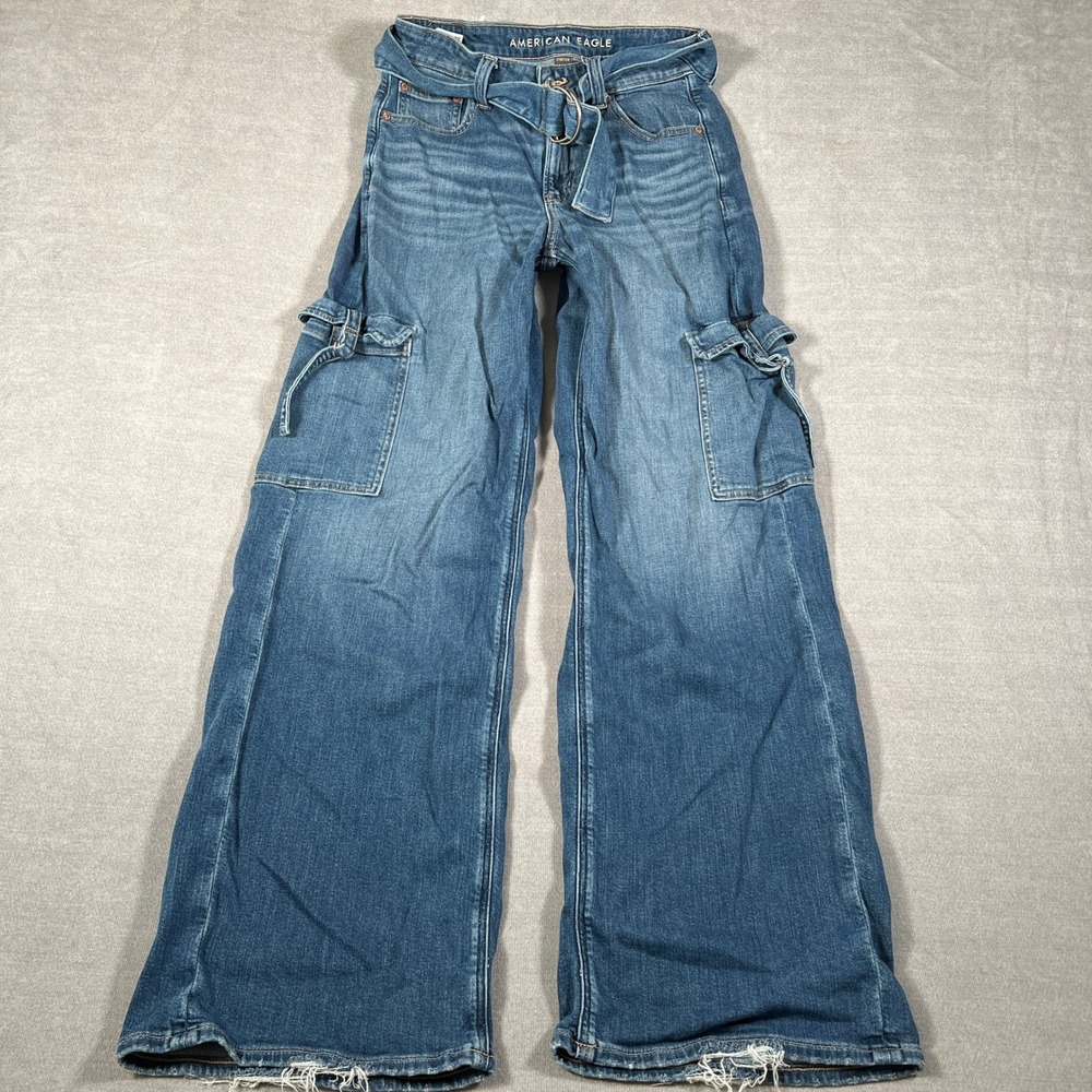 American Eagle Super High-Rise Baggy Wide Leg Cargo Jeans Womens 4 Blue Denim